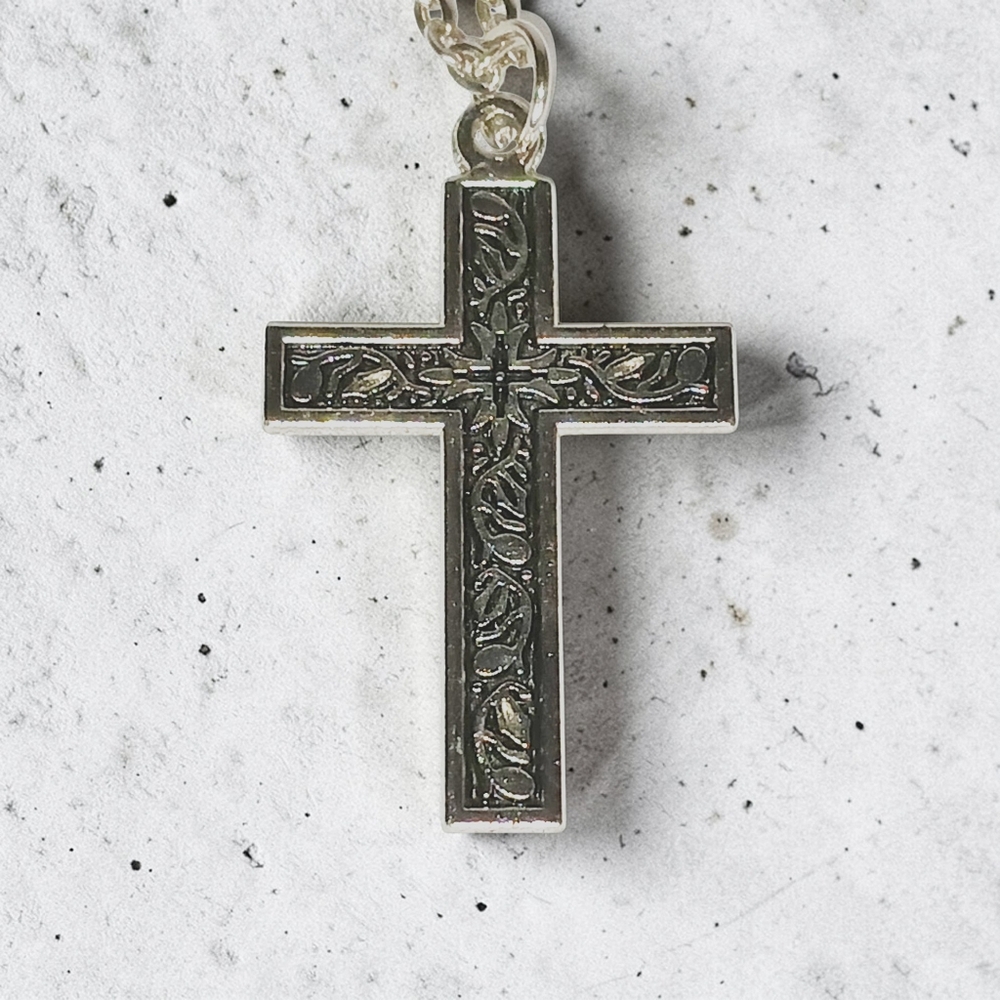 Vintage Ornate Silver Cross Pendant Necklace Gender Neutral